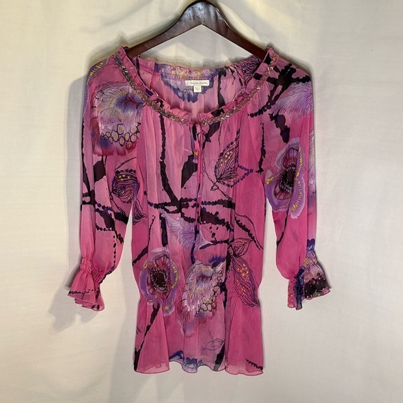 Harlow Zee Boho Beaded Pink Floral Top Blouse Small - Picture 1 of 9
